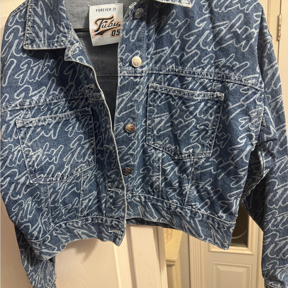 Y2K FUBU All-Over Logo Denim Jacket | Cropped Jean Jacket | Size Large